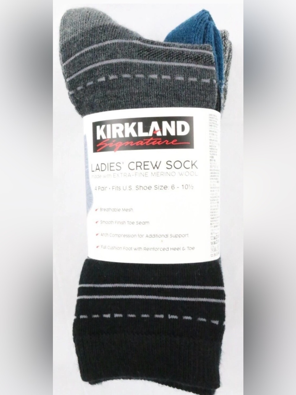 Kirkland Signature Ladies Crew Socks - Black, Gray & Blue Stripes Size 6-10 1/2